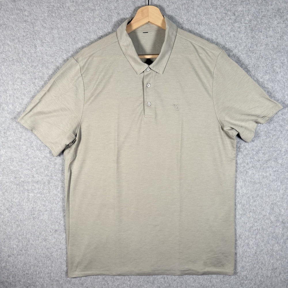 Vuori Knit Twill Polo Shirt Mens Large Beige Short Sleeve Performance Stretch